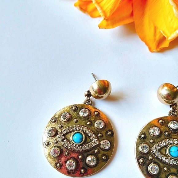 Evil Eye Crystal Vintage Gold Dangle Earrings - Picture 5 of 7